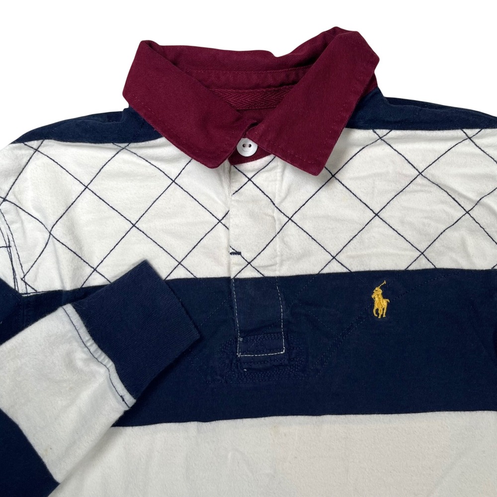 Polo Ralph Lauren Rugby Shirt Kids Medium Navy White Striped Quilted Collar READ
